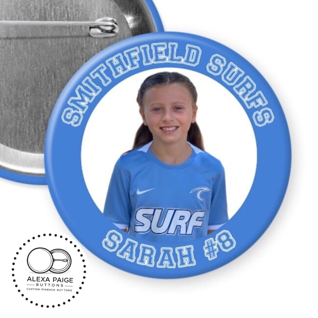 Personalized Sports Team Photo Button, Custom Colors - 2.25” or 3”